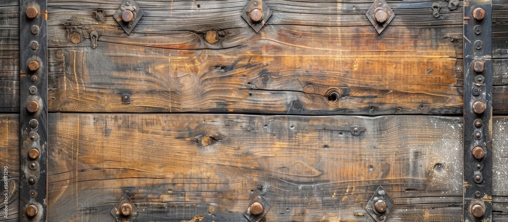 Poster old wooden board with rivets Isolated on pastel background . with copy space image. Place for adding text or design