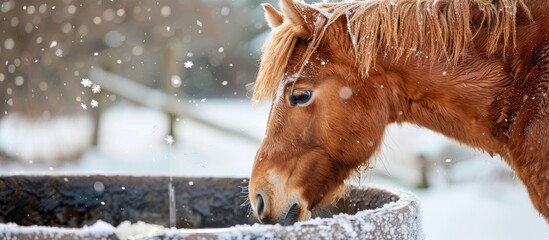 chestnut pony in winter drinking out of large water trough or water bucket in outdoor paddock in cold temperatures winter equine care winter horse care looking after animals equines horses in cold