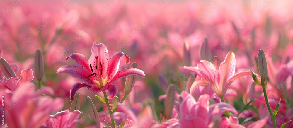 Poster Field with dozens of arranged and open pink red lilies (Lilium) pastel background. with copy space image. Place for adding text or design
