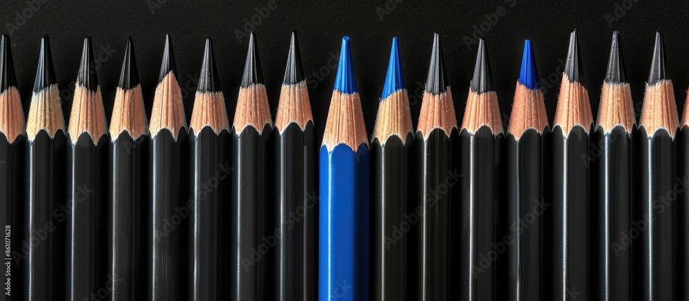 Poster blue pencil standing out from the row of black pencils. copy space image. place for adding text or d