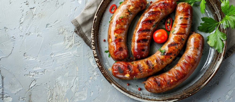 Poster delicious sausages isolated on pastel background stone plate. with copy space image. place for addin