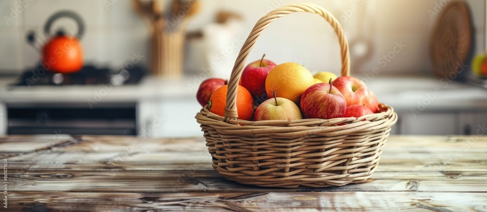 Leinwandbilder Basket with fresh fruits on wooden table in kitchen. with copy space image. Place for adding text or design
