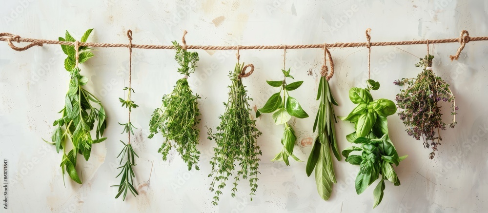 Poster different fresh herbs hanging on a leash. Copy space image. Place for adding text or design