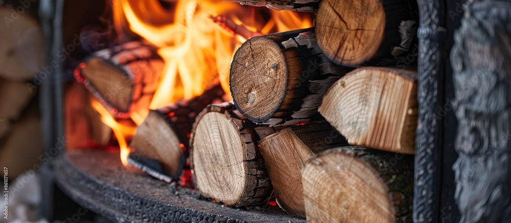 Poster firewood burning in a stove. with copy space image. Place for adding text or design
