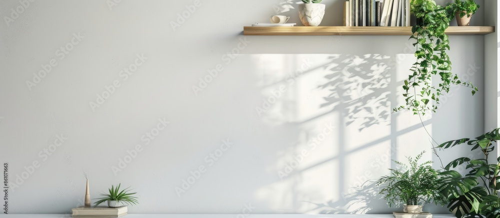 Aufkleber Modern shelf unit with books and houseplants near white wall in room. with copy space image. Place for adding text or design