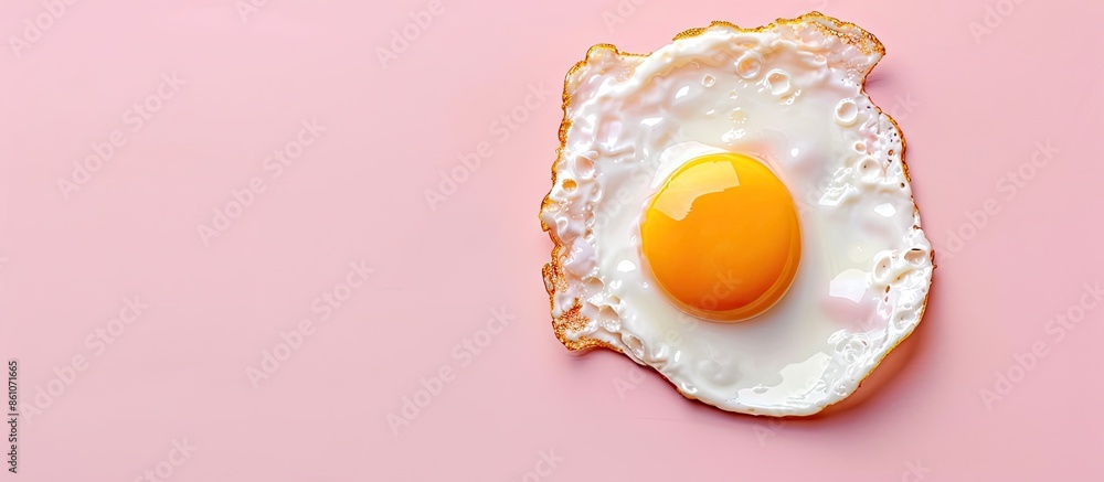 Poster delicious fried egg isolated on pastel background, top view. with copy space image. place for adding