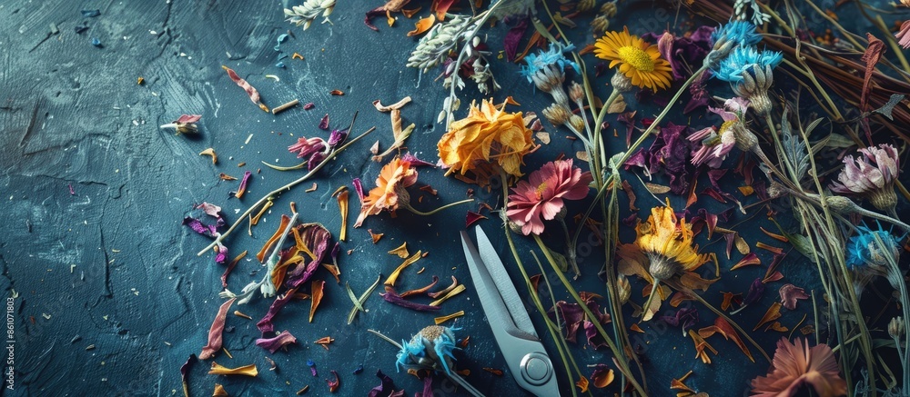 Poster Dried flower creations. Dried flowers with scissors with creative process. Copy space image. Place for adding text or design