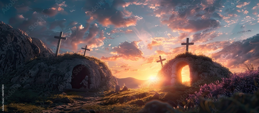 Aufkleber open tomb at sunrise with grave clothes and three crosses - resurrection of jesus christ. with copy 