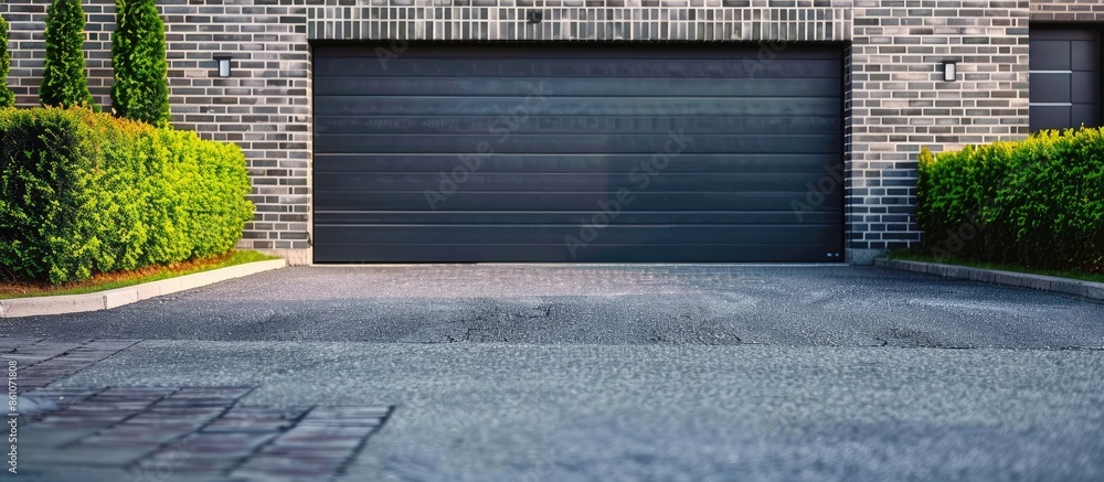 Poster large garage door with brick wall and asphalt driveway. with copy space image. place for adding text