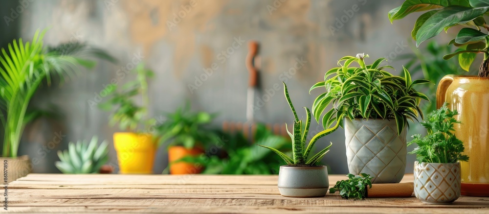 Poster houseplants and gardening tools on wooden table. with copy space image. place for adding text or des