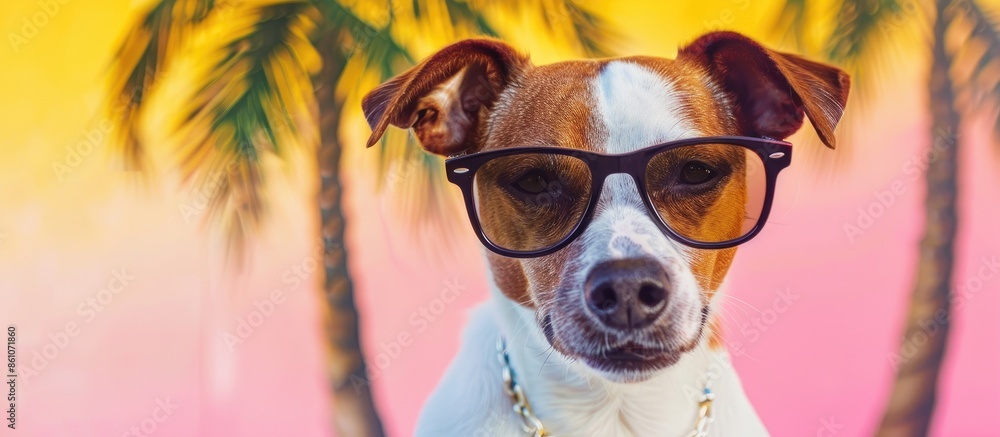 Poster portrait dog closeup isolated on pastel background, wearing glasses, with the reflection of palm tre