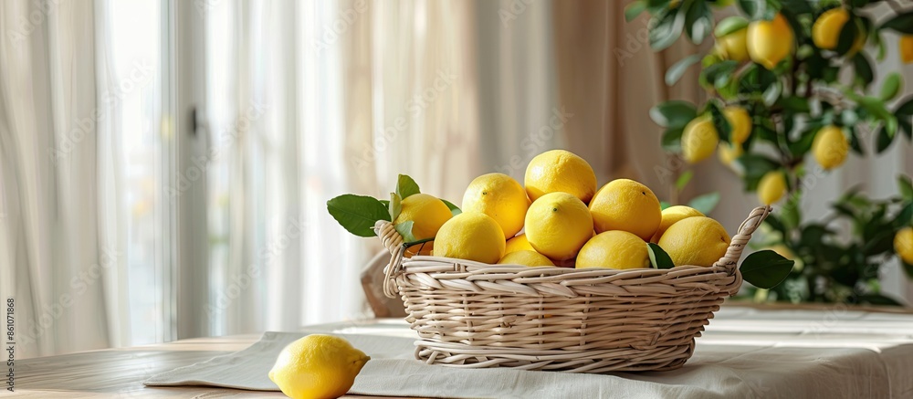 Aufkleber Basket with lemons in a bright interior on the background of the dining room. with copy space image. Place for adding text or design