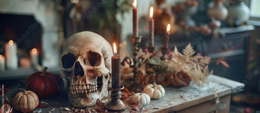 Aufkleber mystical halloween still-life background. skull, candlestick with candles, old fireplace. horror and