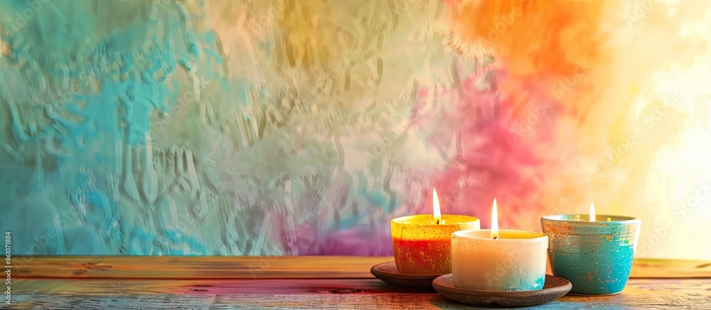 Poster Burning candles on table near color wall. with copy space image. Place for adding text or design