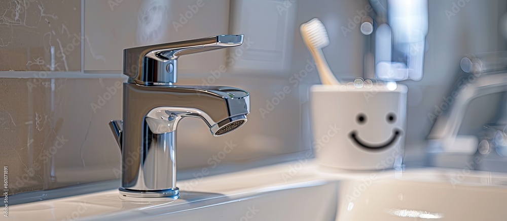 Poster chromed metal faucet for hot and cold water, cup with smile face for toothbrushes in a modern bathro