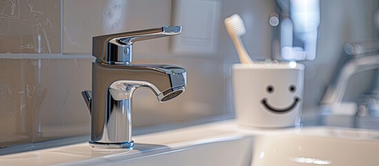 chromed metal faucet for hot and cold water,  cup with smile face for toothbrushes  in a modern bathroom. with copy space image. Place for adding text or design