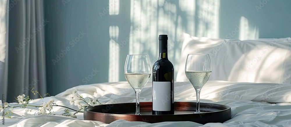 Poster table tray decoration in the bedroom. bottle owine and glasses. elegant interior. with copy space im