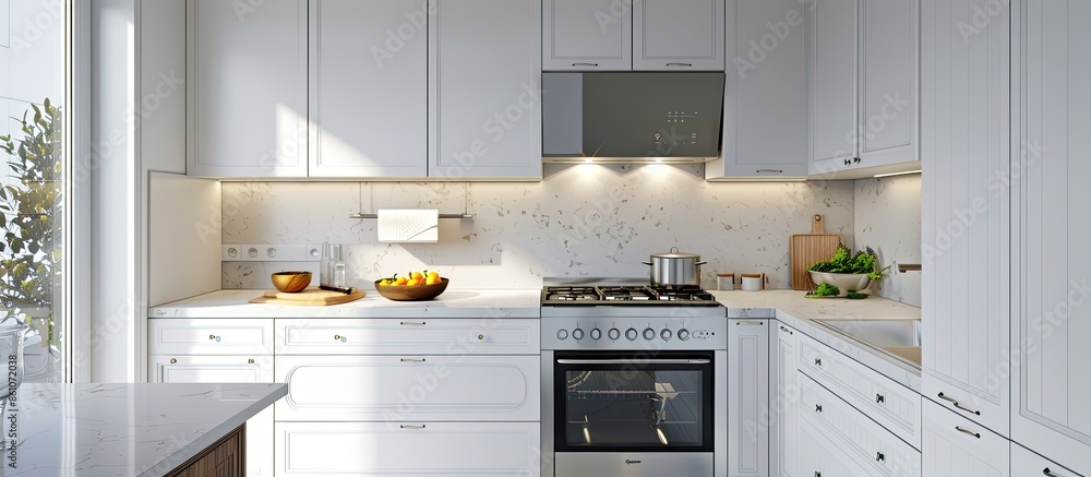 Poster counter with gas cooker and oven with white cabinets in light spacious kitchen with modern appliance