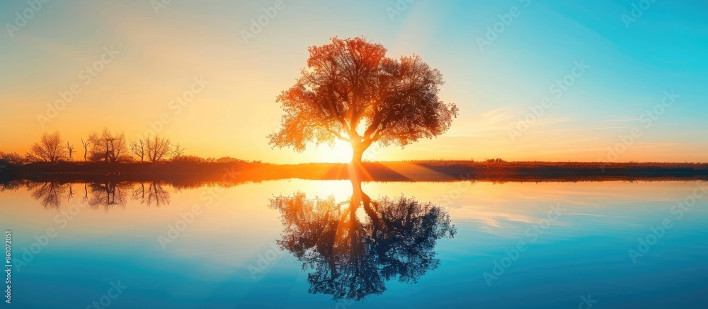 Poster beautiful old tree with sunrays reflected in water.rural spring landscape with trees against blue sk
