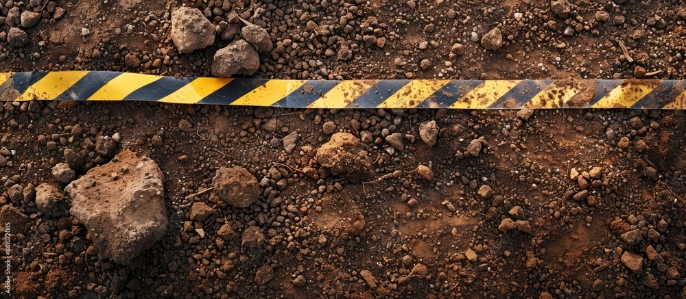 Poster Soil on earth as texture and background. Warning or protective tape at a construction site. with copy space image. Place for adding text or design
