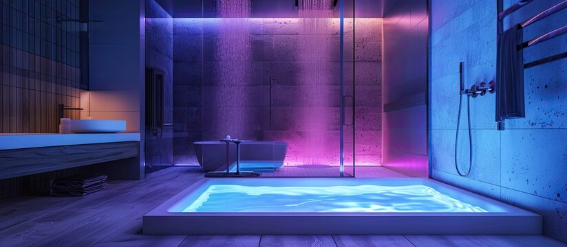 Luxury shower cabin with hydrotherapy and chromotherapy. with copy space image. Place for adding text or design