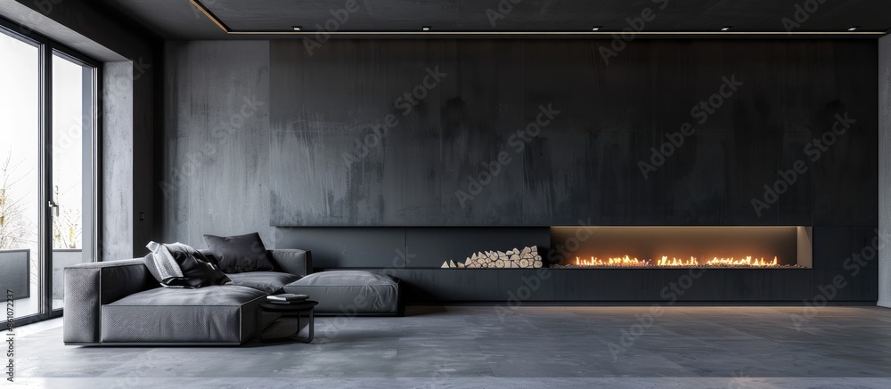 Poster the gray hall of the family home in a minimalist style, a fireplace is visible, the walls in shades 