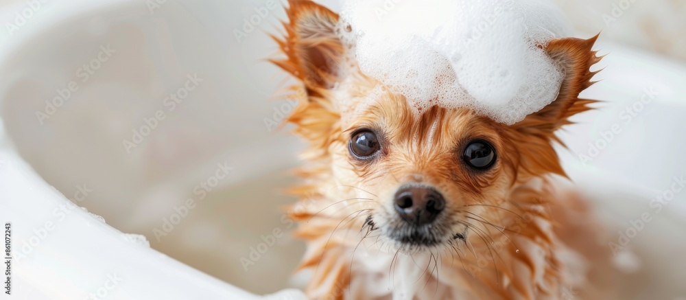 Poster cute lovely small dog wet in bathtub, clean dog with funny foam soap on head. pets indoors. copy spa