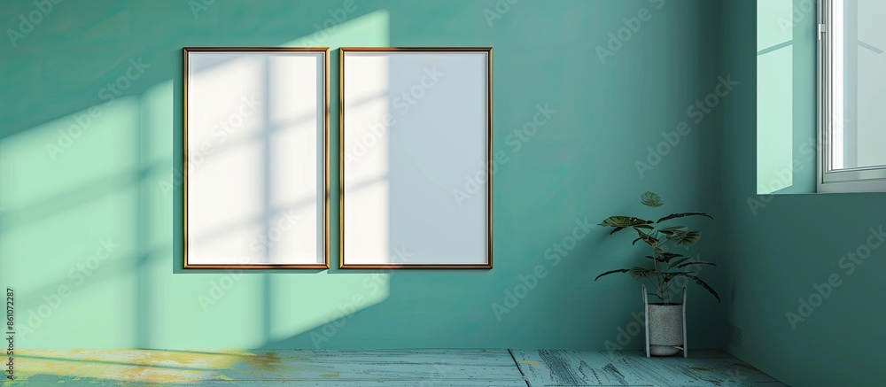 Aufkleber two vertical posters framed mockup against a tidewater green wall and on a fortuna gold floor. rende