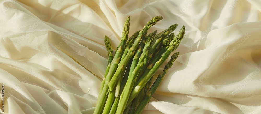 Leinwandbilder horizontal close up shot of a bundle of asparagus over a white fabric pastel background. with copy s