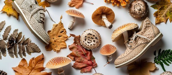 Vegan leather shoes from mushroom mycelium and samples of vegan bio leather, eco friendly concept