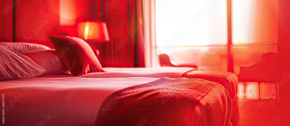 Poster hotel room with double bed in red blurred background. with copy space image. place for adding text o