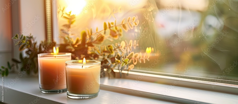 Poster Beautiful burning candles on windowsill. with copy space image. Place for adding text or design