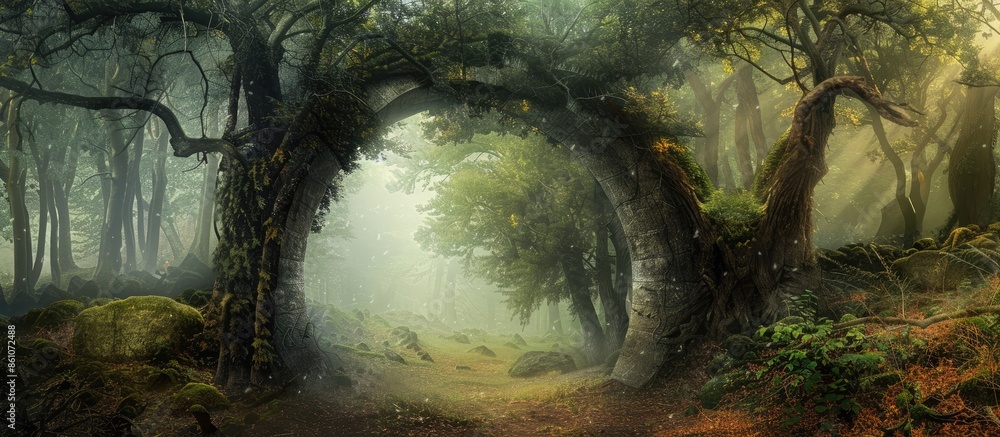 Aufkleber into the deep woods, atmospheric landscape with archway and ancient trees, misty and foggy mood. wit