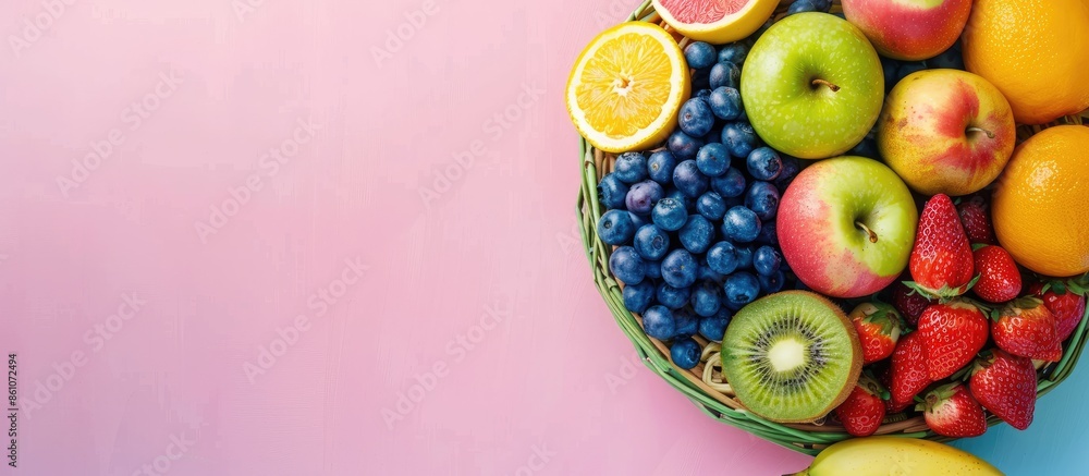 Poster fresh colorful fruit in the basket pastel background. with copy space image. place for adding text o