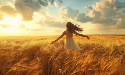 woman embracing nature in wheat field.