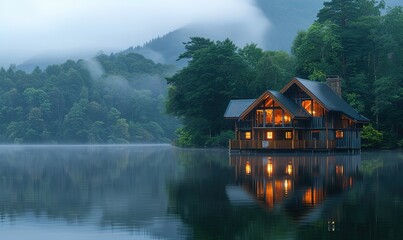 Fototapeta premium Illuminated Wooden house in the forest on a calm reflecting lake with the foggy mountains in the background at dusk