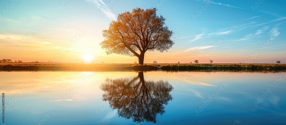 Poster beautiful old tree with sunrays reflected in water.rural spring landscape with trees against blue sk