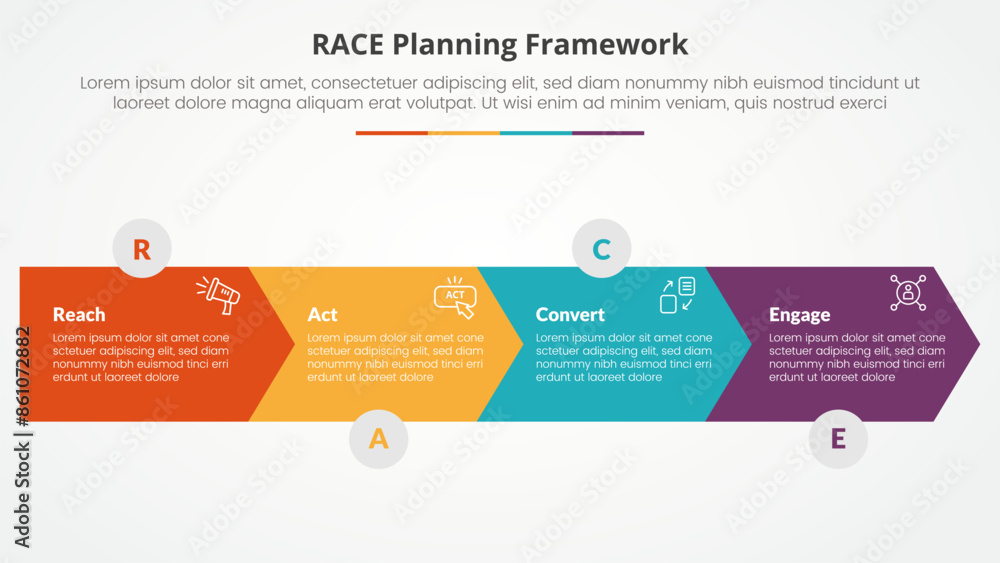 Poster race framework infographic concept for slide presentation with arrow shape horizontal direction with