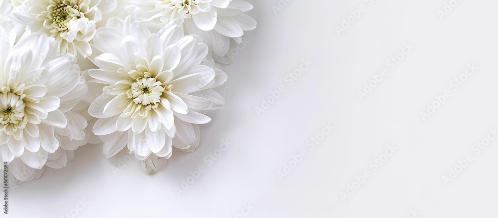 Poster White chrysanthemum and a white background. Copy space image. Place for adding text or design