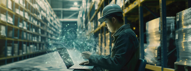 Warehouse Worker Using Laptop with Digital Data Overlay. Concept of Smart Inventory Management and Warehouse Automation. Background of Efficiency and Technology.