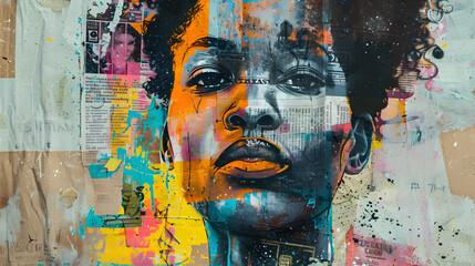 Graffiti, collage of grunge newspapers and multicolored painting splash, illustration of an African woman with a dreamy expression, urban graphic artwork, street art, mixed media