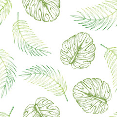 Tropical seamless pattern with vector monstera and palm leaves illustrations on isolated background. Beautiful botanical hand painted exotic element. For designers, spa decoration, postcards, w