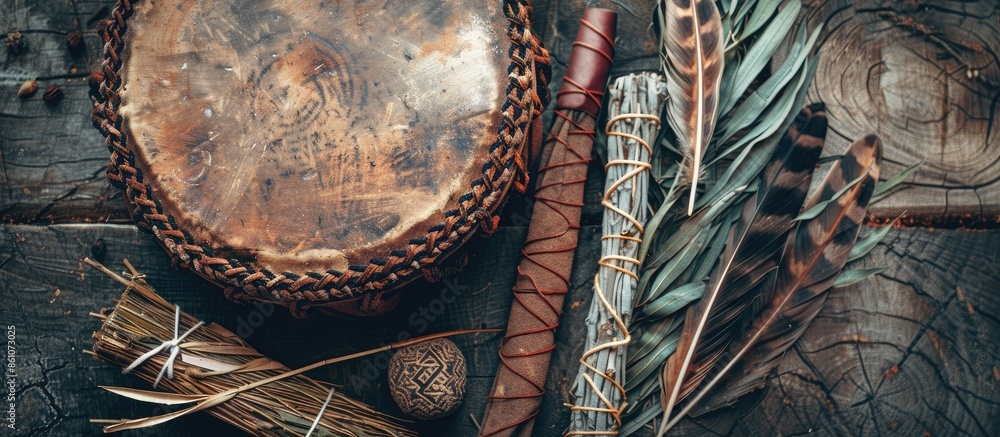 Poster A top view image of a handmade leather meditation drum with sacred feather and sage smudge sticks. with copy space image. Place for adding text or design