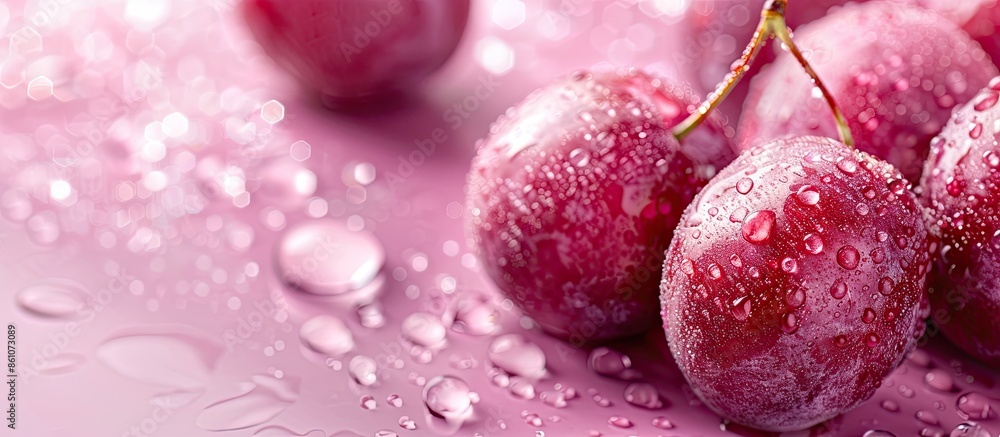 Leinwandbilder Red plum with water drops Isolated on pastel background. with copy space image. Place for adding text or design