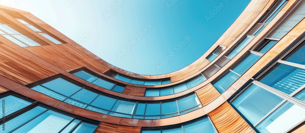 Fototapete Modern art curved building with empty brick square against clear sky background. Copy space image. Place for adding text or design