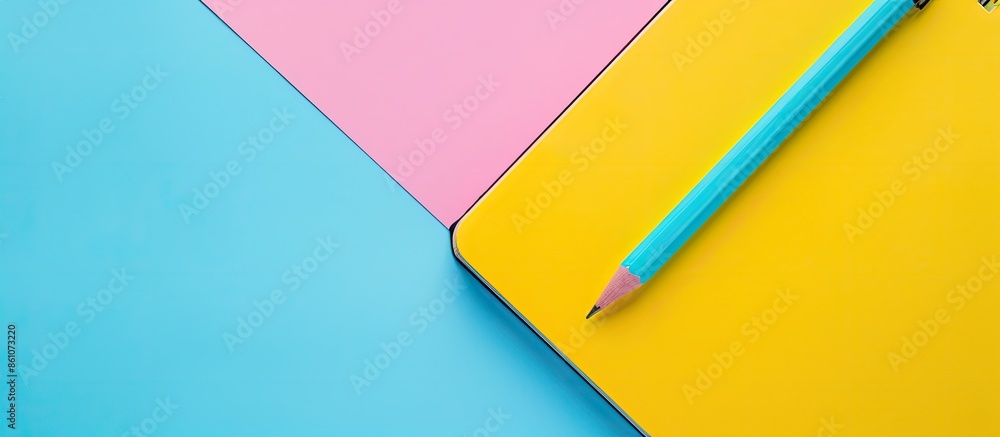Poster Close up of yellow note pad Isolated on pastel background. with copy space image. Place for adding text or design
