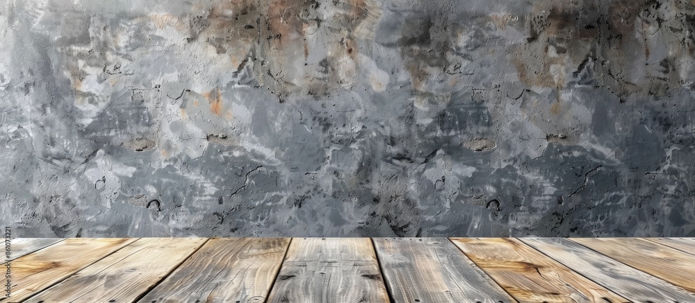 Poster empty diagonal wood plank table top with grunge concrete wall,mock up for display or montage of prod