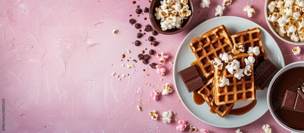 Leinwandbilder belgian waffles with caramel topping, chocolate bars and popcorn. pastel background. with copy space