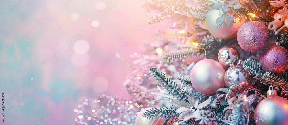 Poster baubles, lights and other decoration on christmas's tree. pastel background. with copy space image. 