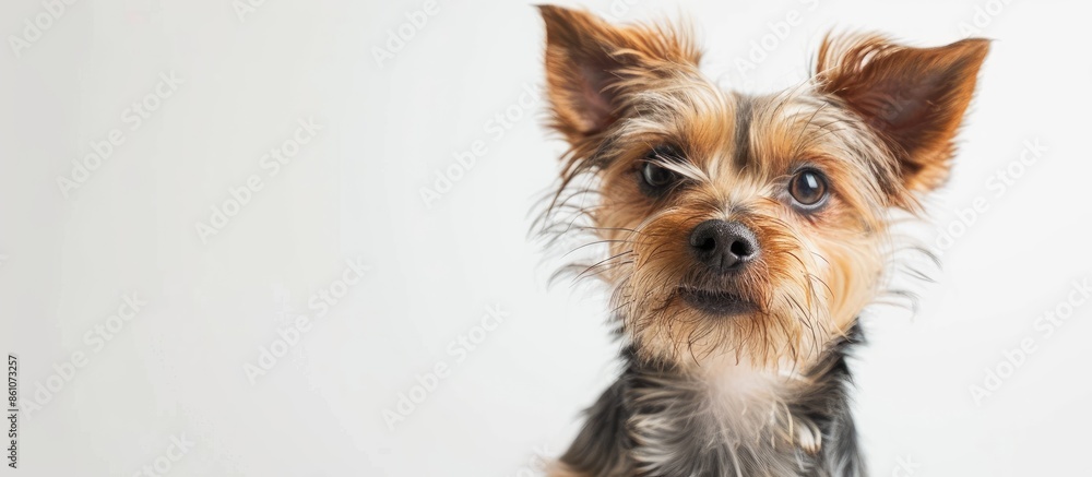 Poster small dog in photo studio white background. copy space image. place for adding text or design